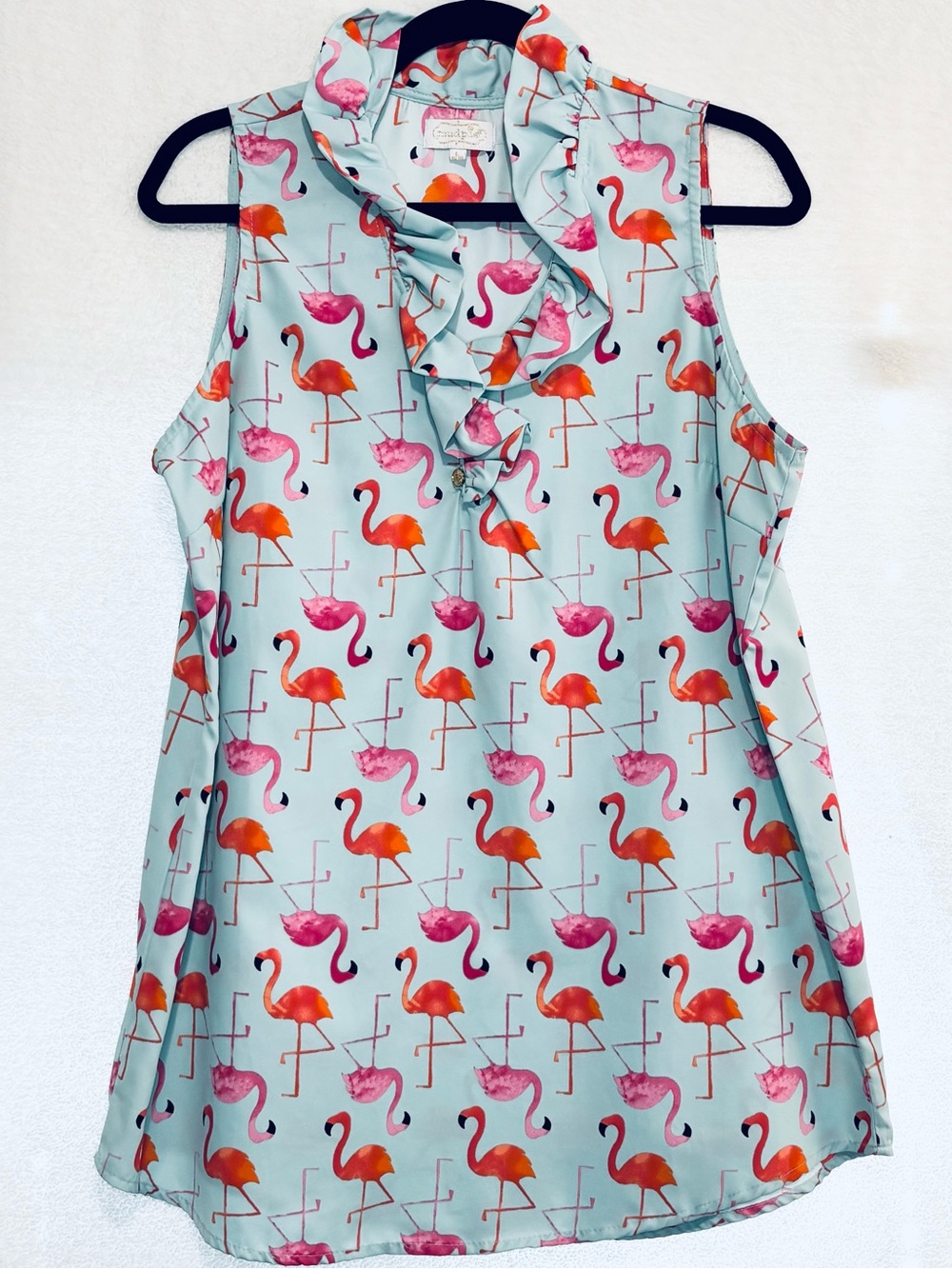 Mud Pie Whitney Flamingo Ruffle Neck Tunic Top - Aqua, Size L - EUC!